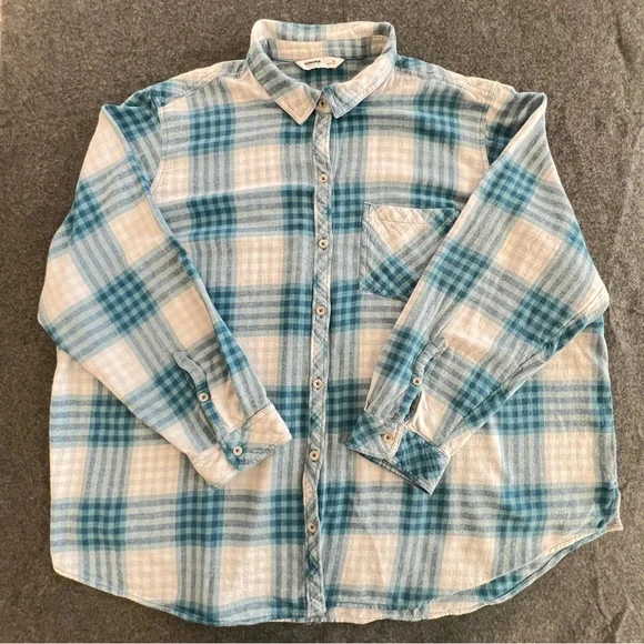 Sonoma blue and white plaid flannel 3X plus sz. button-up 100% cotton - Picture 2 of 7